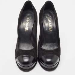 Pre Owned Chanel Black Suede and Leather Cap Toe Platform Pumps Size 38