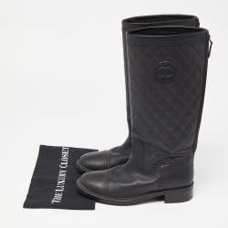 Chanel Black Quilted Leather CC Calf Boots Size 39