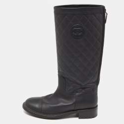 Chanel Black Quilted Leather CC Calf Boots Size 39