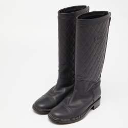 Chanel Black Quilted Leather CC Calf Boots Size 39