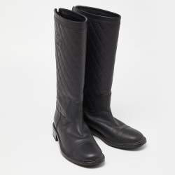 Chanel Black Quilted Leather CC Calf Boots Size 39