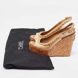 Chanel Beige Leather Chain Detail Cork Wedge Platform Sandals Size 38