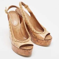 Chanel Beige Leather Chain Detail Cork Wedge Platform Sandals Size 38