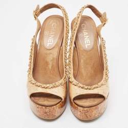 Chanel Beige Leather Chain Detail Cork Wedge Platform Sandals Size 38