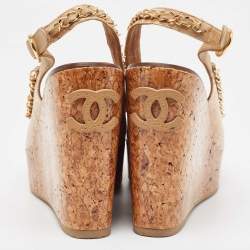 Chanel Beige Leather Chain Detail Cork Wedge Platform Sandals Size 38