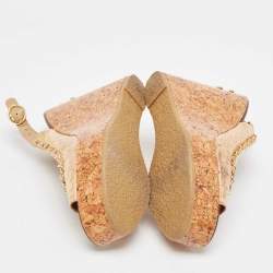 Chanel Beige Leather Chain Detail Cork Wedge Platform Sandals Size 38