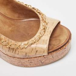 Chanel Beige Leather Chain Detail Cork Wedge Platform Sandals Size 38