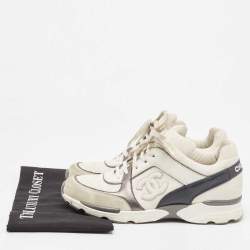 Pre Owned Chanel White/Grey Fabric and Suede CC Low Top Sneakers Size 40.5