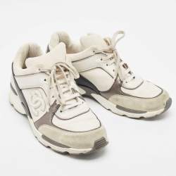 Pre Owned Chanel White/Grey Fabric and Suede CC Low Top Sneakers Size 40.5