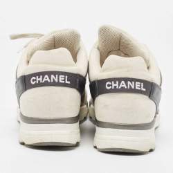Pre Owned Chanel White/Grey Fabric and Suede CC Low Top Sneakers Size 40.5