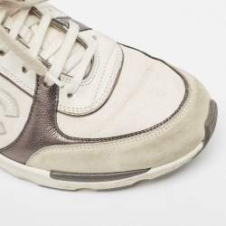 Pre Owned Chanel White/Grey Fabric and Suede CC Low Top Sneakers Size 40.5