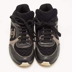 Pre Owned Chanel Metallic/Black Leather and Suede Low Top CC  Sneakers Size 40