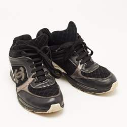 Pre Owned Chanel Metallic/Black Leather and Suede Low Top CC  Sneakers Size 40