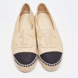 Chanel Beige/Black Canvas and Leather CC Ballet Flats Size 37