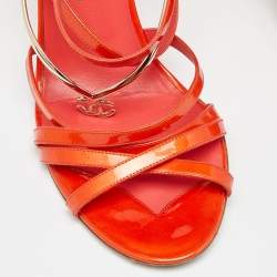 Chanel Coral Orange Patent Leather and Gold Metal Logo Strappy Slides Size 40