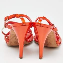 Chanel Coral Orange Patent Leather and Gold Metal Logo Strappy Slides Size 40