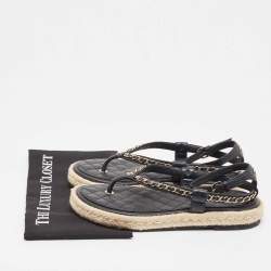 Chanel Black Leather Chain Link CC Espadrille Ankle Strap Thong Sandals Size 41