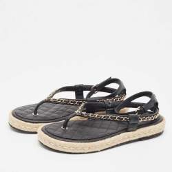Chanel Black Leather Chain Link CC Espadrille Ankle Strap Thong Sandals Size 41