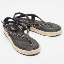 Chanel Black Leather Chain Link CC Espadrille Ankle Strap Thong Sandals Size 41