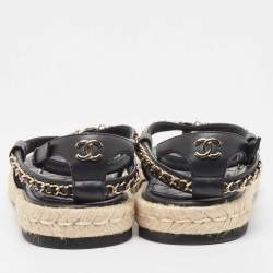 Chanel Black Leather Chain Link CC Espadrille Ankle Strap Thong Sandals Size 41
