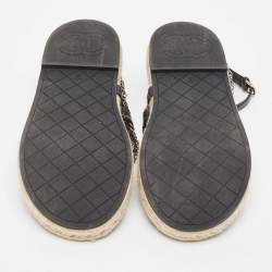Chanel Black Leather Chain Link CC Espadrille Ankle Strap Thong Sandals Size 41