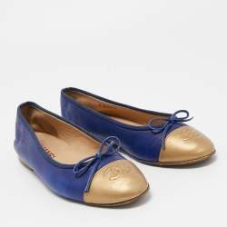 Chanel Blue/Gold Leather CC Cap Toe Bow Ballet Flats Size 38