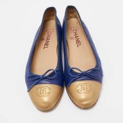 Chanel Blue/Gold Leather CC Cap Toe Bow Ballet Flats Size 38