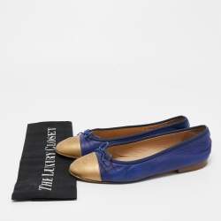 Chanel Blue/Gold Leather CC Cap Toe Bow Ballet Flats Size 38
