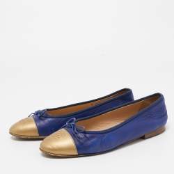 Chanel Blue/Gold Leather CC Cap Toe Bow Ballet Flats Size 38