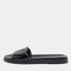 Pre Owned Chanel Black Patent Leather CC Flat Slides Size 37