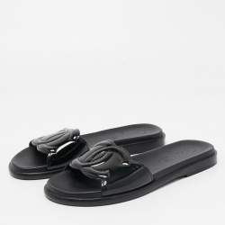 Pre Owned Chanel Black Patent Leather CC Flat Slides Size 37