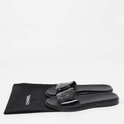 Pre Owned Chanel Black Patent Leather CC Flat Slides Size 37