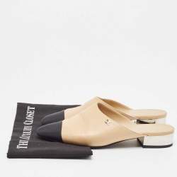 Chanel Beige/Black Leather and Canvas Cap Toe Mule Sandals Size 38.5