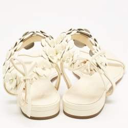Chanel Cream Leather Camellia Flat Slides Size 38.5