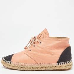 Pre Owned Chanel Orange/Black Leather and Canvas Cap Toe High Top Espadrille  Sneakers Size 37