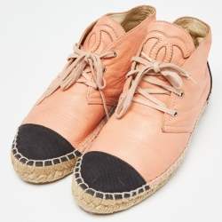 Pre Owned Chanel Orange/Black Leather and Canvas Cap Toe High Top Espadrille  Sneakers Size 37