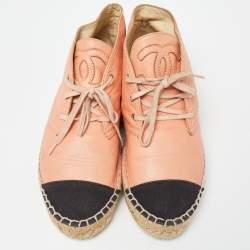 Pre Owned Chanel Orange/Black Leather and Canvas Cap Toe High Top Espadrille  Sneakers Size 37