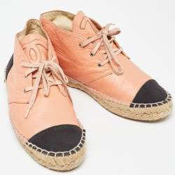 Pre Owned Chanel Orange/Black Leather and Canvas Cap Toe High Top Espadrille  Sneakers Size 37
