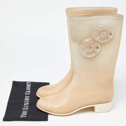 Chanel Cream Glitter Rubber CC Camellia Rain Boots Size 41