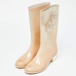 Chanel Cream Glitter Rubber CC Camellia Rain Boots Size 41