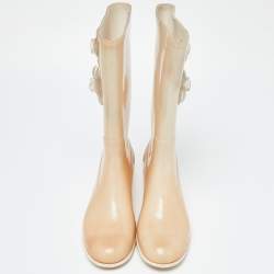 Chanel Cream Glitter Rubber CC Camellia Rain Boots Size 41