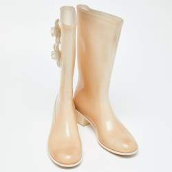 Chanel Cream Glitter Rubber CC Camellia Rain Boots Size 41