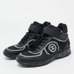 Pre Owned Chanel Black Leather and Neoprene CC High Top Sneakers Size 38