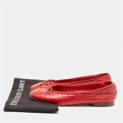 Pre Owned Chanel Red Leather CC Bow Ballet Flats Size 38.5