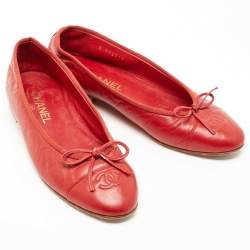 Pre Owned Chanel Red Leather CC Bow Ballet Flats Size 38.5