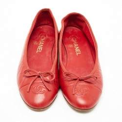 Pre Owned Chanel Red Leather CC Bow Ballet Flats Size 38.5