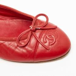 Pre Owned Chanel Red Leather CC Bow Ballet Flats Size 38.5