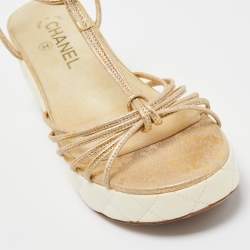 Pre Owned Chanel Cream Leather CC Wedge Sandals Size 37.5
