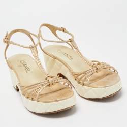 Pre Owned Chanel Cream Leather CC Wedge Sandals Size 37.5