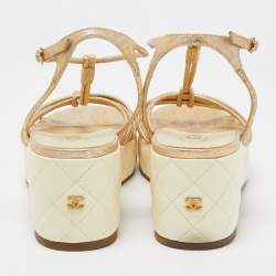 Pre Owned Chanel Cream Leather CC Wedge Sandals Size 37.5